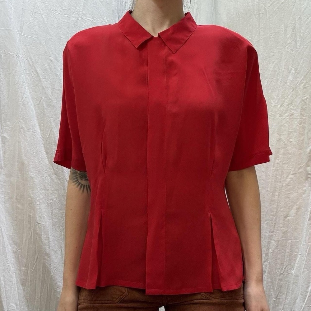 Red Silk Short Sleeve Blouse Vintage 90s New With Tags Michelle Stuart Size M